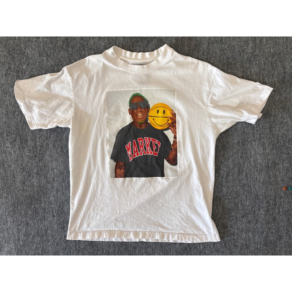 Market Dennis Rodman Smiley Basketball‎ Graphic T-Shirt Mens Large White Short